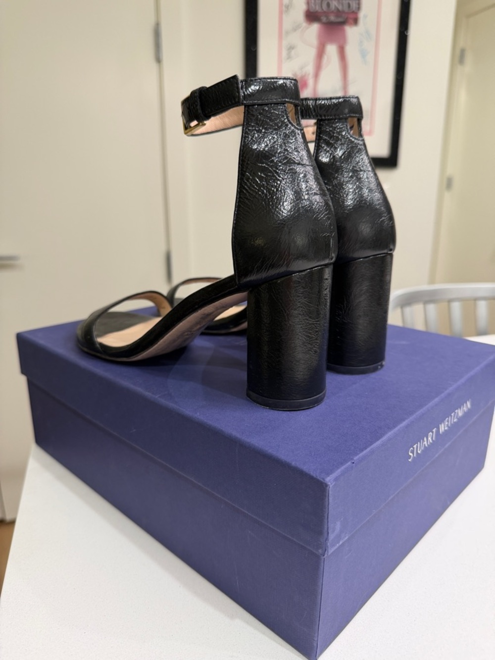 Stuart Weitzman Lessnudist Black Patent Leather Block Heel Sandal Size 7 W/ Box - Picture 8 of 9